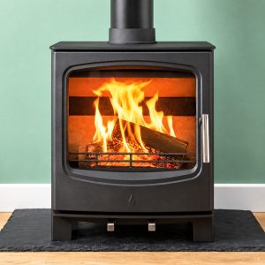 The Northern Range 8 stove with a log fire burning